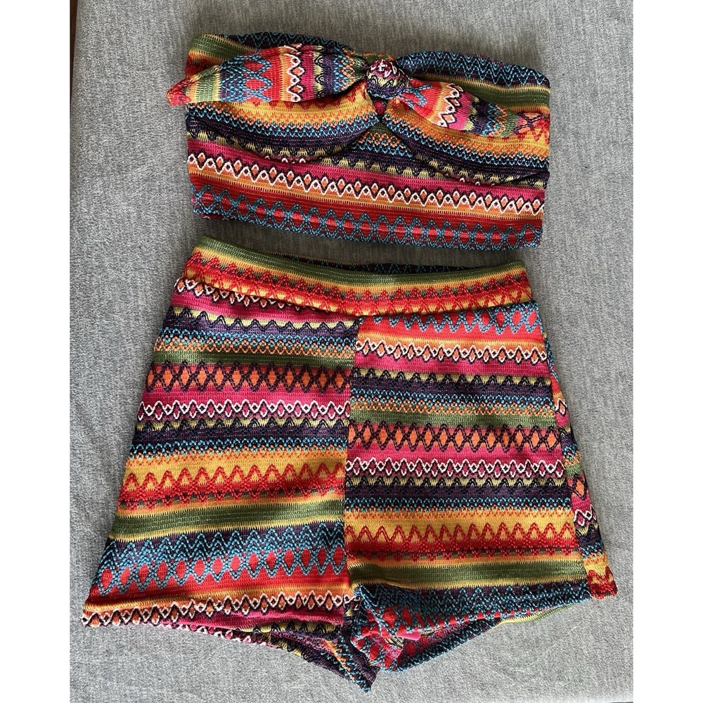 Shein Women S Bandeau Top Matching Shorts Set 2 Piece Boho Colorful Embroidered